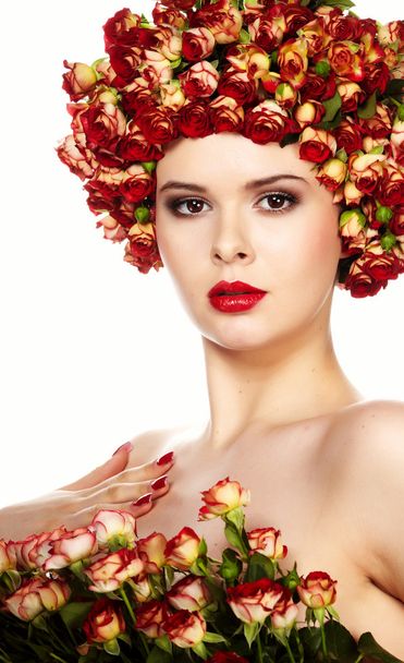Beautiful girl with hairstyle of rose flowers - Zdjęcie, obraz