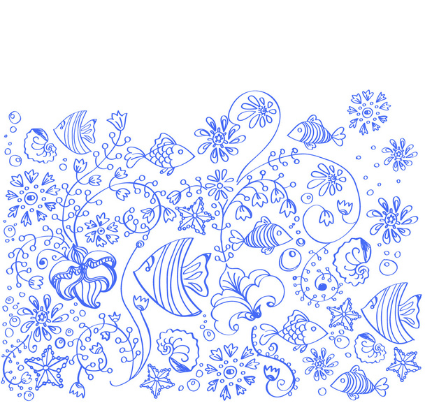 sea background with fish and flowers - Vector, Image