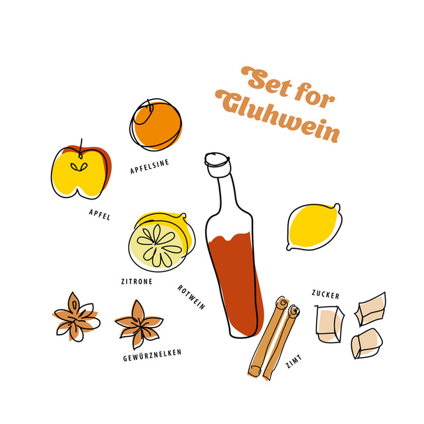 winter gluhwein set: oranges, apples, lemon, cinnamon, cloves, w - Vector, Image