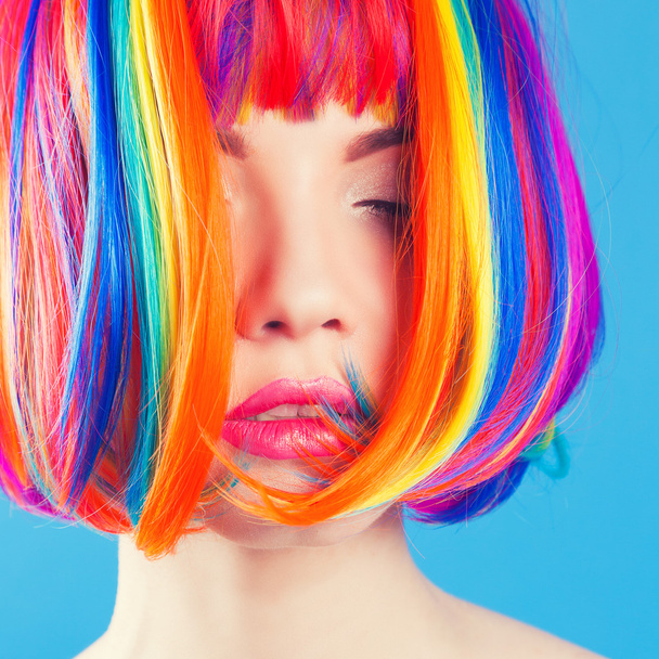 woman wearing colorful wig - Foto, Imagem