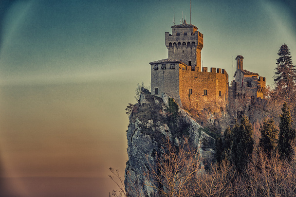 crenellated tower overlooking the valley in San Marino Repubblic - Photo, Image
