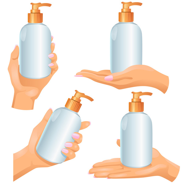 Mani con bottiglia cosmetica in loro su sfondo bianco
 - Vettoriali, immagini