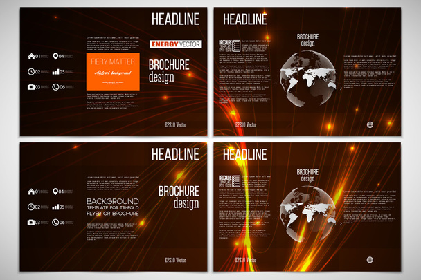 Set of tri-fold brochure design template on both sides with world globe element. Abstract lines background, dynamic glowing decoration, motion design, energy style vector illustration - Vector, imagen
