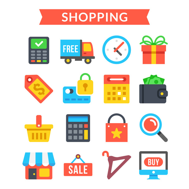 Set di icone della spesa. Shopping, commercio online, vendita al dettaglio, e-commerce, internet marketing. Set di icone vettoriali piatte
 - Vettoriali, immagini