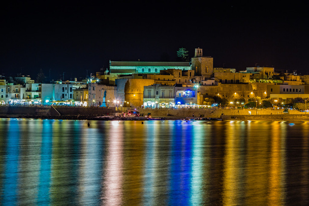 Night view of harbor of ancient city on the Adriatic Sea in Italy - 写真・画像