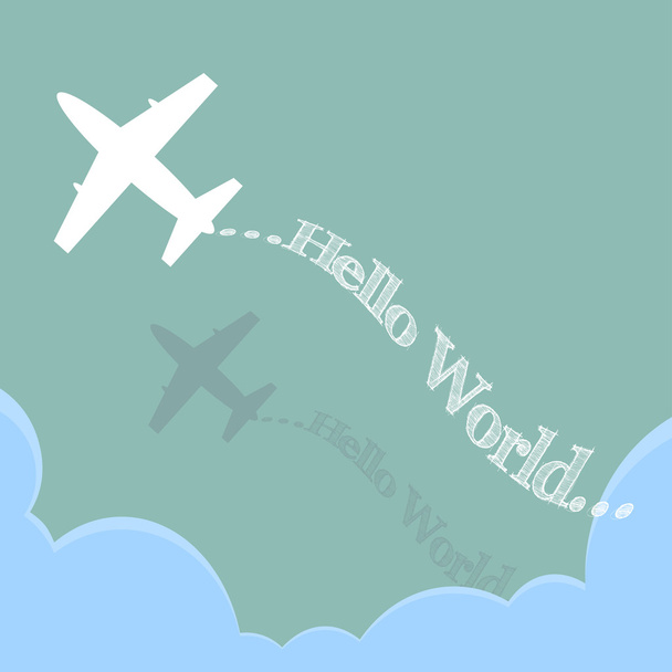 Hello World by Plane over the cloud, illustration vector in flat design - Vektör, Görsel