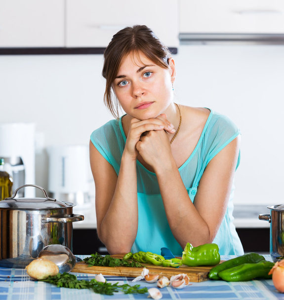 Sad housewife cooking dinner - Foto, Imagem