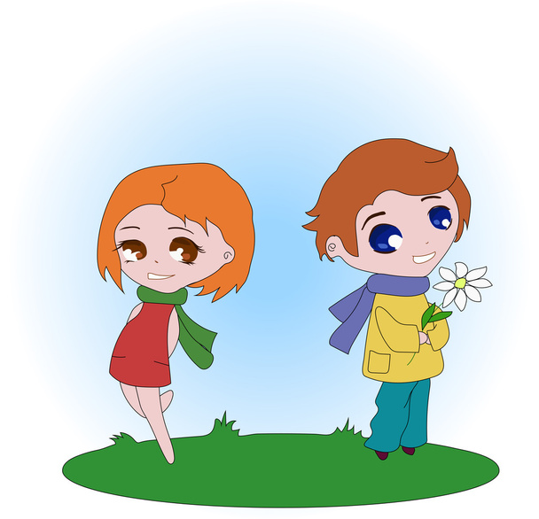 The boy gives flowers to the girl. - Vektör, Görsel