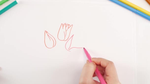 Woman drawing the flowers using different felt-tip pen on white paper - Materiał filmowy, wideo