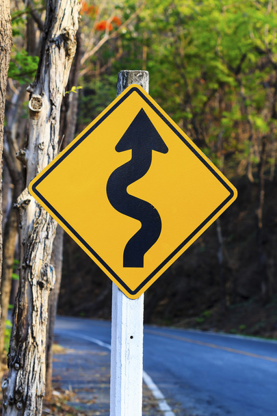 Winding road sign in yellow and black - Photo, Image