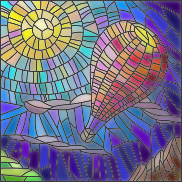 Εικονογράφηση στο Βιτρώ αερόστατο ζεστού αέρα στυλ στο φόντο του ουρανού και του ήλιου - Διάνυσμα, εικόνα
