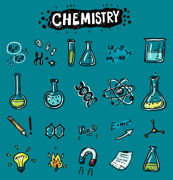 Kézzel rajzolt kémia és a tudomány ikonok beállítása. - Vektor, kép