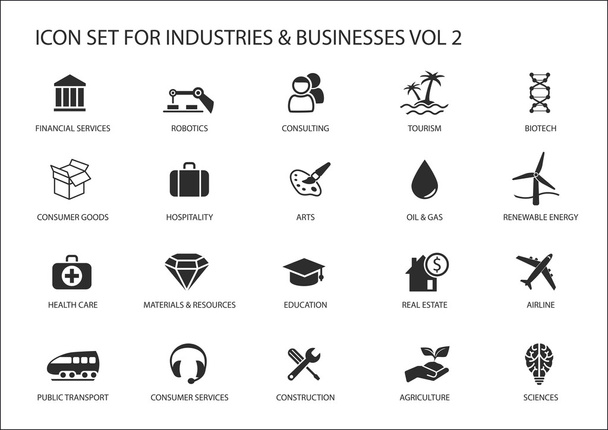 Business icons and symbols of various industries / business sectors like consulting, tourism, hospitality, agriculture, renewable energy, real estate, consumer services, construction, financial services
 - Вектор,изображение