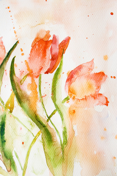 Watercolor background with stylized tulips flowers - Foto, afbeelding