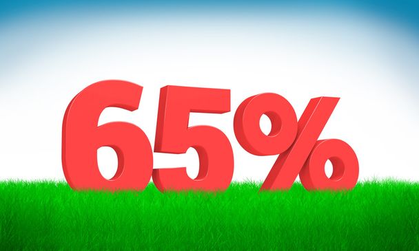 Rot 3d 65% Text auf Gras Hintergrund. siehe ganze Reihe für andere Zahlen. - Foto, Bild