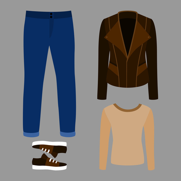Set of trendy men's clothes with rocker jacket, pullover, jeans  - Vector, Image