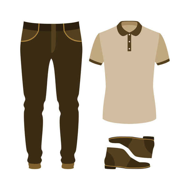 ポロシャツ、ジーンズ、砂漠のトレンディなメンズ服のセット。M - ベクター画像