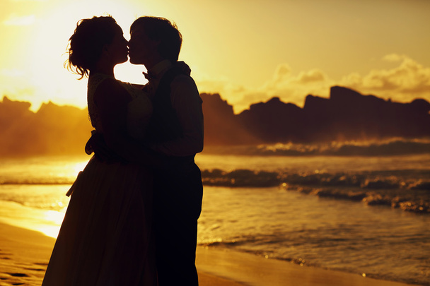 bride and groom kissing in sunset - Fotoğraf, Görsel
