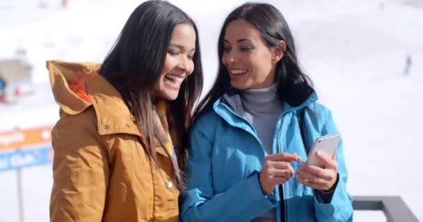 women checking phone on ski slope - Felvétel, videó