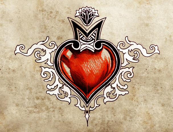 Valentine Day. Sketch of tattoo art, tribal design, heart - Фото, зображення