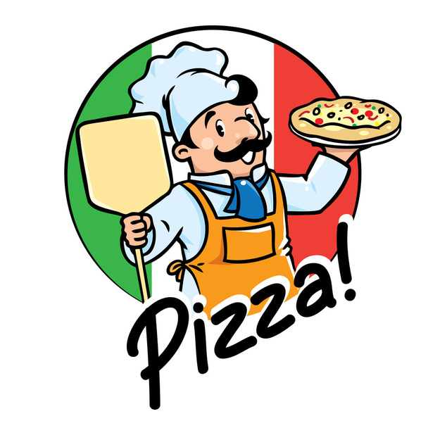 Emblem des lustigen Kochs oder Bäckers mit Pizza - Vektor, Bild