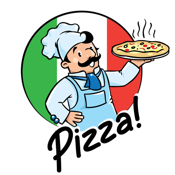 Emblema de cocinero divertido o panadero con pizza
 - Vector, Imagen