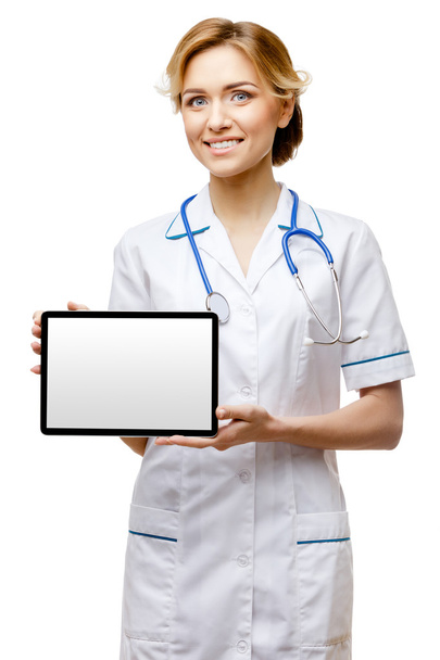 Woman doctor standing on white background - Fotoğraf, Görsel