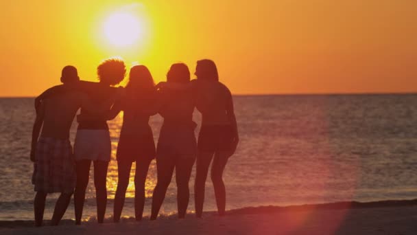 Nastolatki oglądać zachód słońca na plaży - Materiał filmowy, wideo