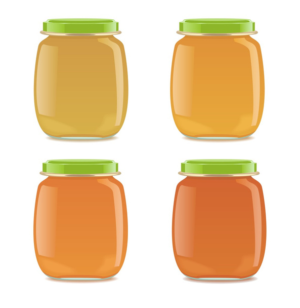Four glass jars with baby food - Vector, Image