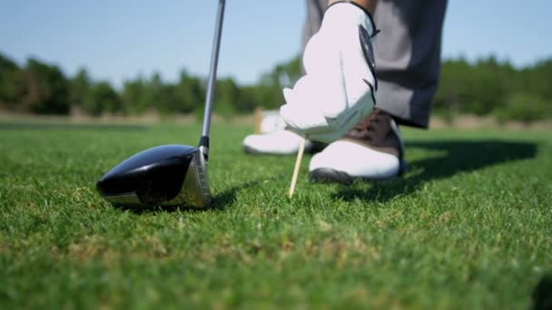 Golfer placing golf ball on tee - Filmati, video