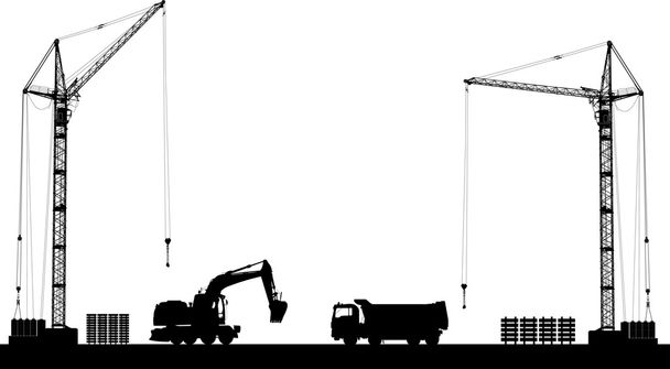 Cantiere con sagome dettagliate di macchine da costruzione su sfondo bianco. Illustrazione vettoriale
 - Vettoriali, immagini