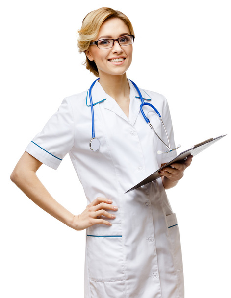 Woman doctor standing on white background - Foto, afbeelding