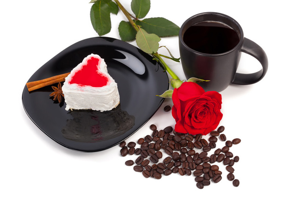 Xícara de café com bolo e rosa
 - Foto, Imagem