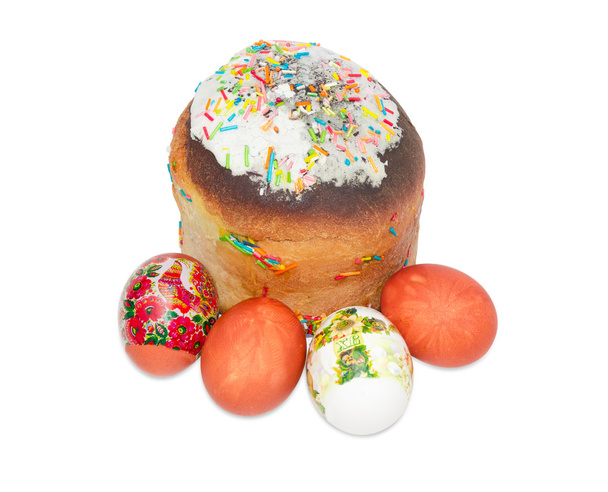 Húsvét sütemény és több különböző húsvéti tojást a világos háttér mintázata - Fotó, kép