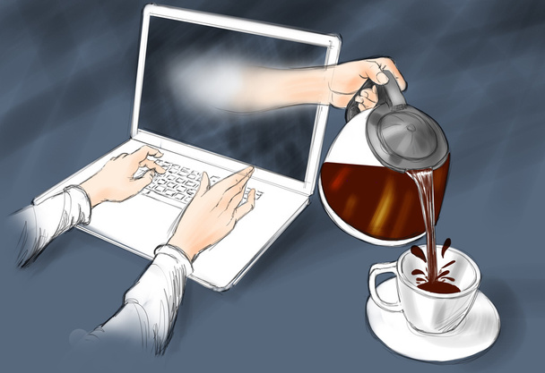 Una mano que sale de la computadora llena la taza de café
. - Foto, Imagen