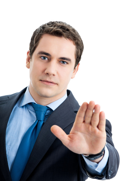 Businessman with stop gesture, on white - Φωτογραφία, εικόνα