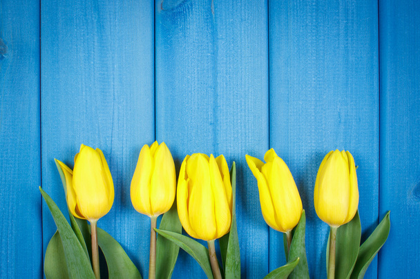 Buquê de tulipas frescas em fundo de madeira azul, espaço de cópia para texto
 - Foto, Imagem