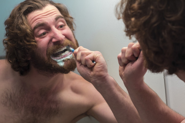 Bearded Man Brushing Teeth - Photo, Image