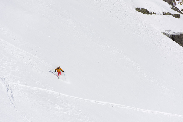 freeride skier skiing in deep powder snow - 写真・画像