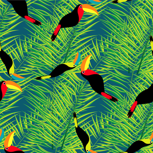Toucan, eksoottisia lintuja, trooppisia palmunlehtiä, kaunis saumaton vektori kukka kuvio tausta
 - Vektori, kuva
