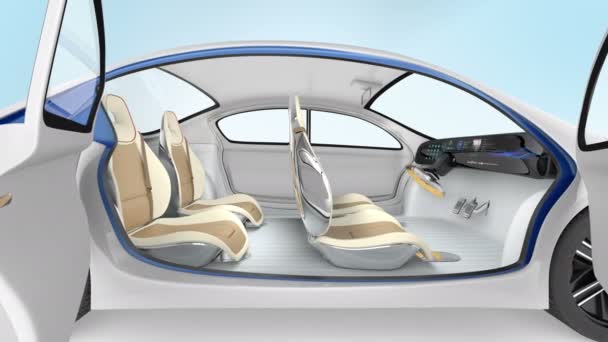 Επίδειξη αυτόνομη ηλεκτρικό αυτοκίνητο. Την προσφορά αυτοκινήτων πτυσσόμενα τιμόνι, κάθισμα συνοδηγού περιστρέψιμο - Πλάνα, βίντεο