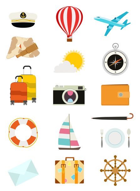 set di icone del turismo. barca a vela, mongolfiera, bagagli, ombrello
 - Vettoriali, immagini