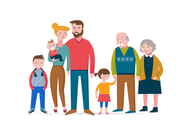 Gelukkige familie, de draak, paar met kinderen en grandparens - Vector, afbeelding