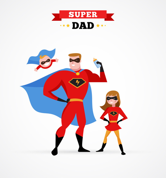 Superhelden-Papa im Superhelden-Kostüm mit Kindern - Vektor, Bild