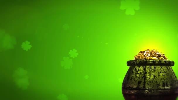St Patrick dag Shamrock en gouden munten St Patrick Day symbolen pot met gouden achtergrond - Video