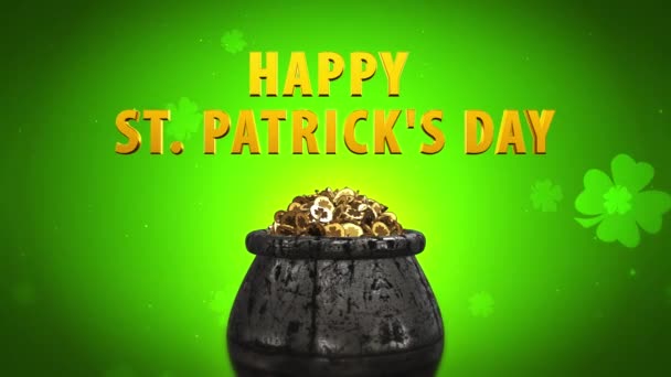 Τριφυλλιών ημέρας του St Patrick και χρυσά κέρματα St Patrick ημέρα σύμβολα δοχείο του χρυσού - Πλάνα, βίντεο