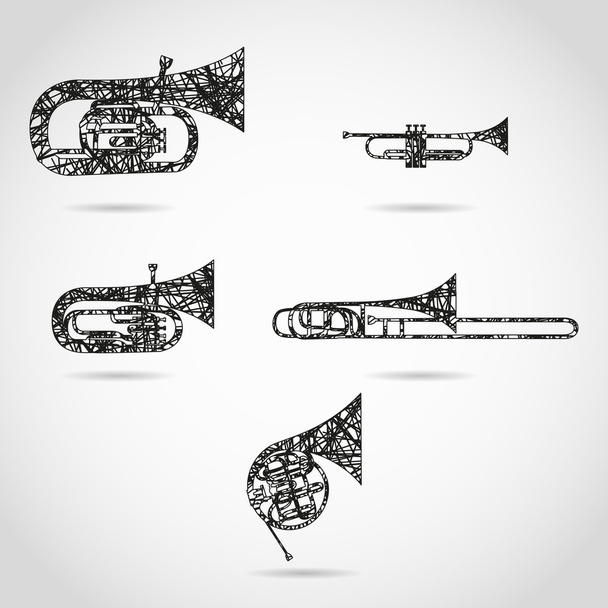 набор духовых инструментов для оркестра. крашеный дизайн
 - Вектор,изображение