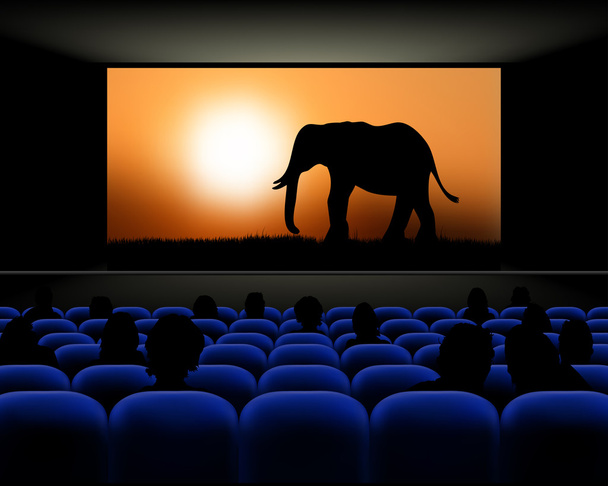 Кинозал с рядами мест и экраном с фильмом
 - Вектор,изображение