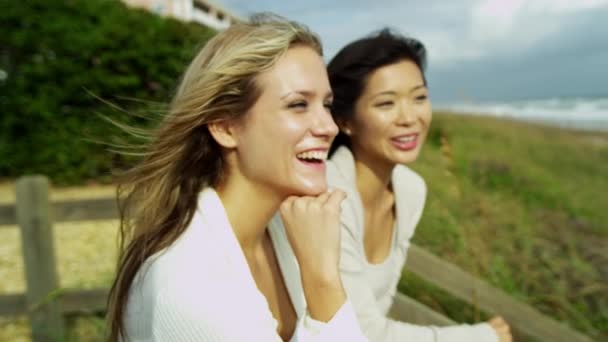 Vrouwen genieten van de frisse lucht op strand - Video