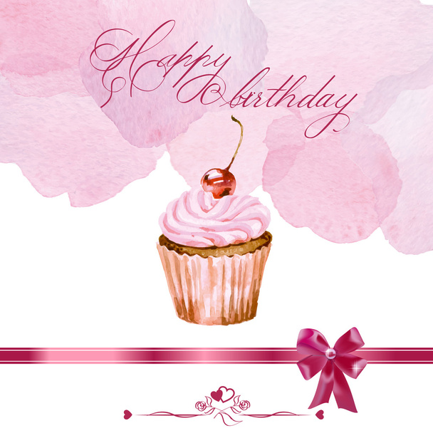 Verjaardagskaart met aquarel cupcake. Vector illustratie. - Vector, afbeelding